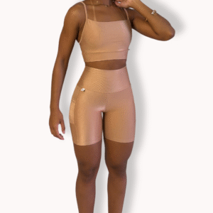 Conjunto Short Meia Coxa com Cropped Amanda - Poliamida Aveludada - Champanhe - Tam M