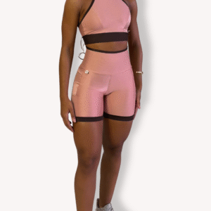 Conjunto Short Meia Coxa Bolso com Cropped Bicolor - Poliamida Aveludada - Rosé com Café- Tam M