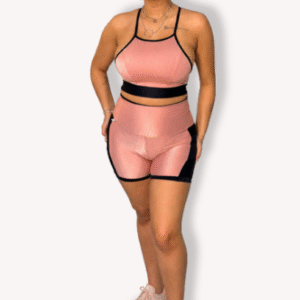 Conjunto Short Meia Coxa Bolso com Cropped Bicolor - Poliamida Aveludada - Rosé com Preto - Tam G