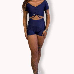 Conjunto Short com Cropped Ciganinha - Poliamida Aveludado - Marinho - Tam M