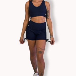 Conjunto Short Meia Coxa Ajuste Lateral e Empina Bumbum com Cropped Essential - Poliamida Aveludada Mate - Marinho - Tam M