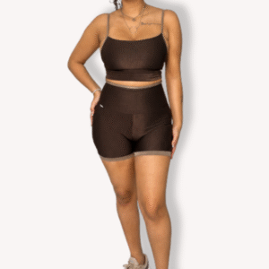 Conjunto Short Meia Coxa Bolso com Cropped Bicolor - Marrom com Capuccino - Tam G