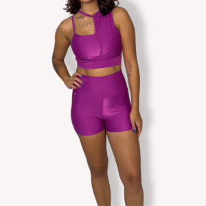 Conjunto Short com Cropped Serena - Poliamida Aveludada - Fúcsia - Tam M
